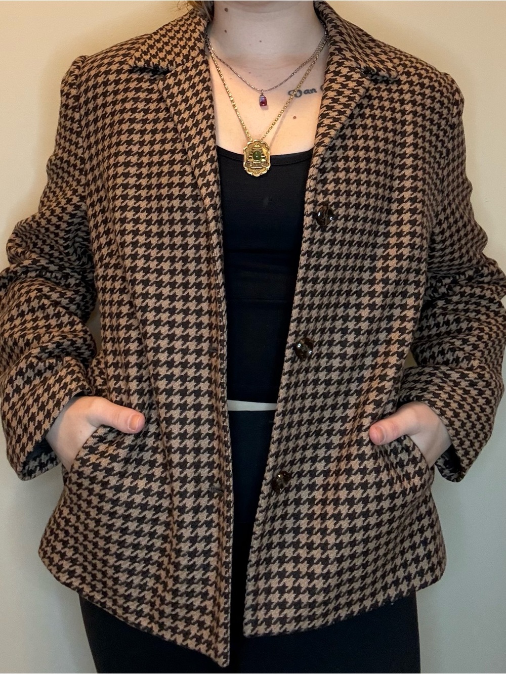 Rafaella Wool Brown and Black Houndstooth Pea Coat